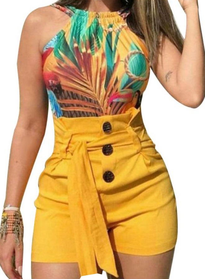 Button High Waist Belted Shorts Yellow - Image 1