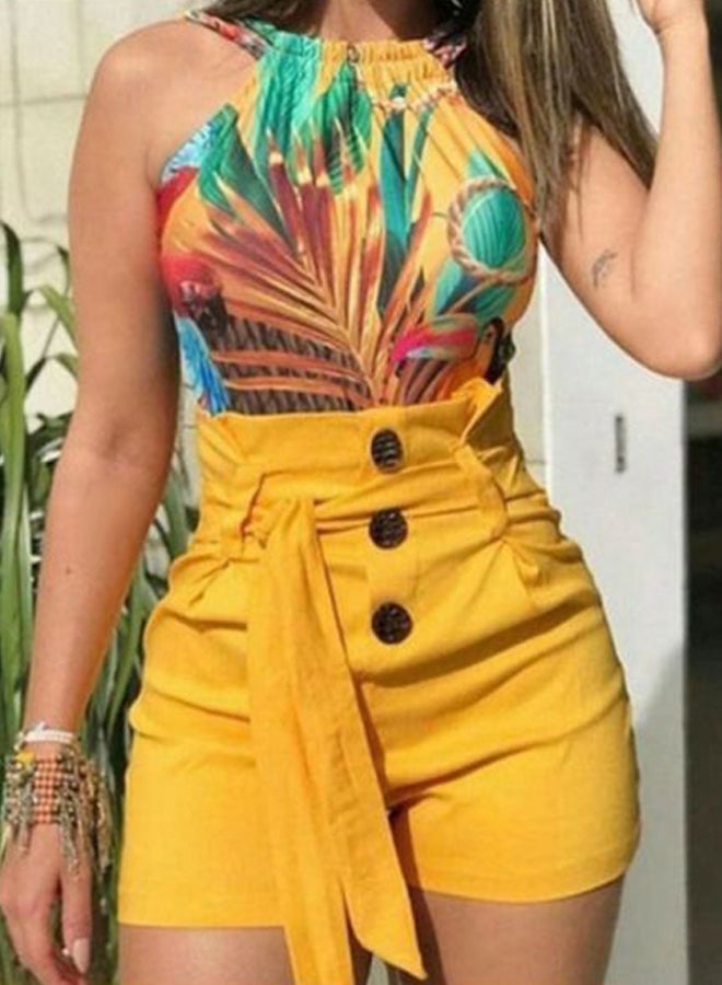 Button High Waist Belted Shorts Yellow - Image 2
