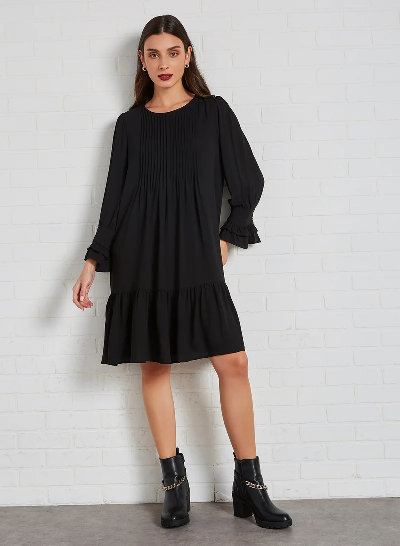 VERO MODA Pleated Ruffle Trim Dress Black