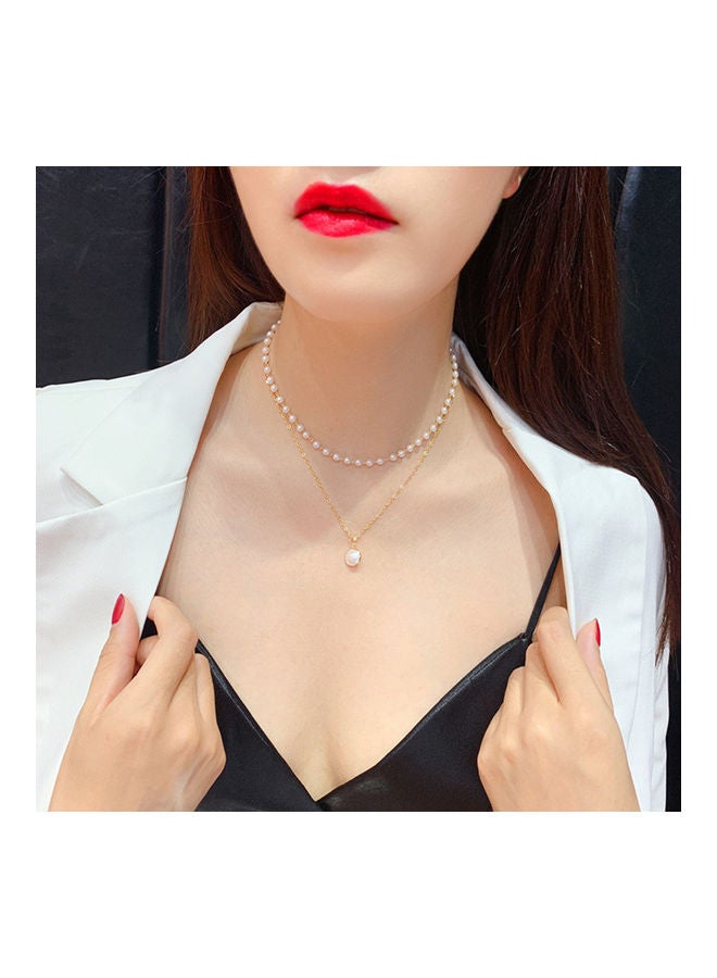 Faux Pearl Pendant Double Layered Chain Necklace - Image 1
