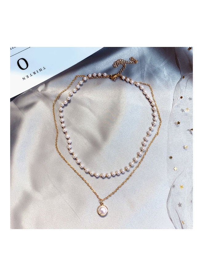 Faux Pearl Pendant Double Layered Chain Necklace - Image 2