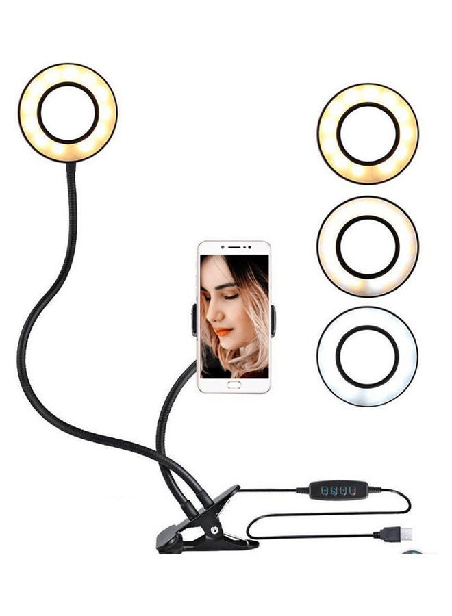 مصباح LED دائري قابل للتعتيم لتصوير السيلفي مع مشبك حامل للموبايل أسود