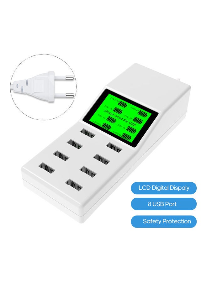 شاحنٌ رقمي ذكي مزود بعدد 8 منافذ USB وشاشة LCD أبيض