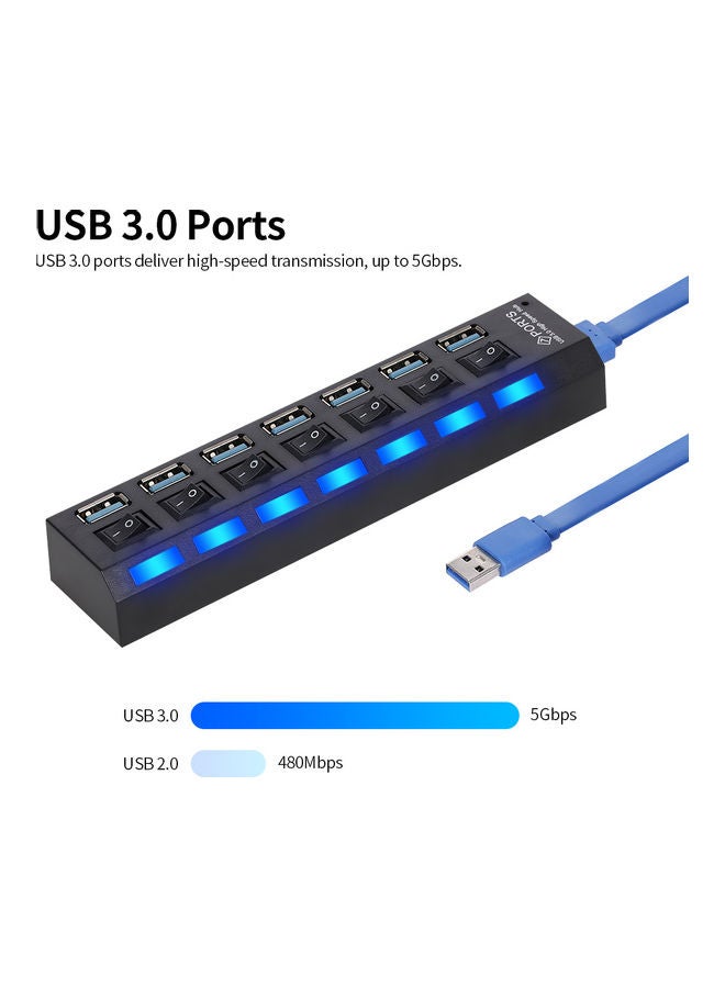 موزع USB (3.0 ) بسبعة منافذ مع كابل شحن الأسود / الأزرق - Image 2