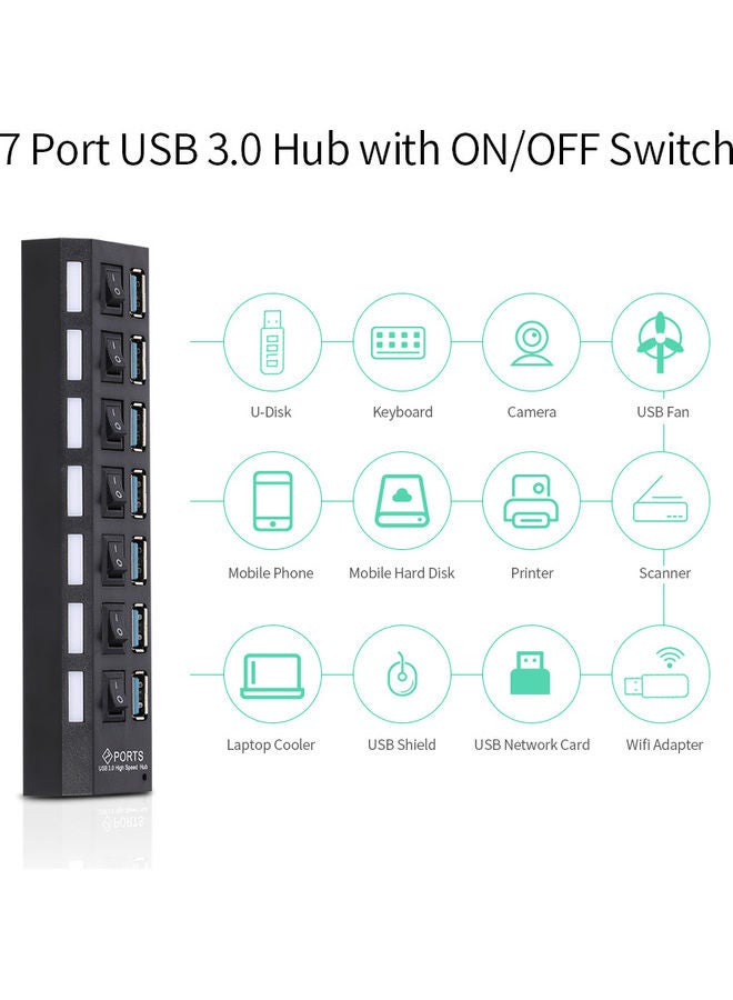 موزع USB (3.0 ) بسبعة منافذ مع كابل شحن الأسود / الأزرق - Image 4