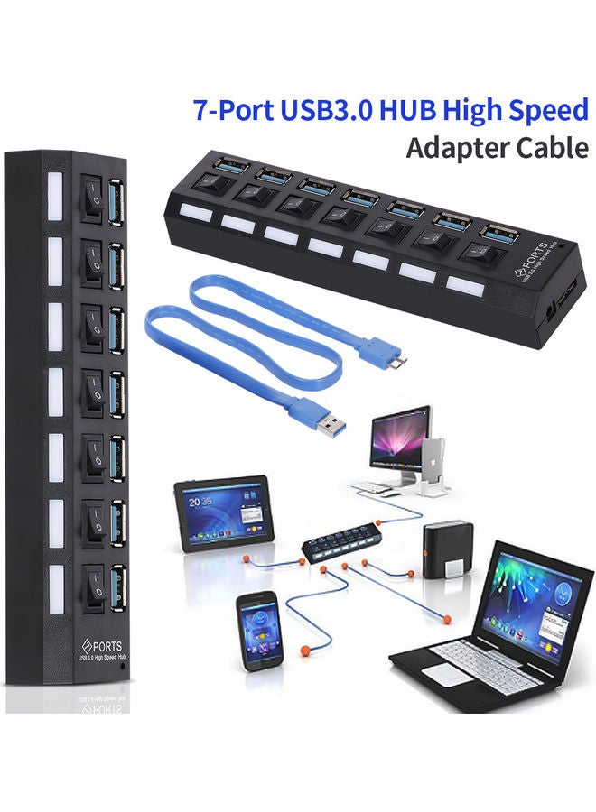 موزع USB (3.0 ) بسبعة منافذ مع كابل شحن الأسود / الأزرق - Image 3