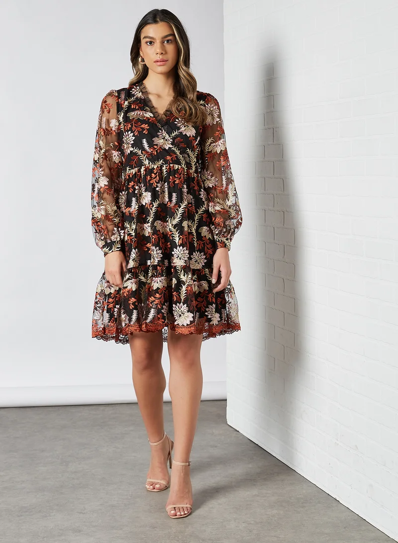 Y.A.S Embroidered Mini Dress Black Embroidery