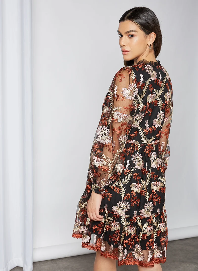 Y.A.S Embroidered Mini Dress Black Embroidery