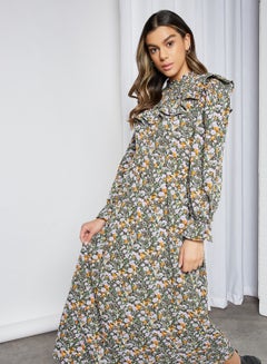 Ruffle Detailed Floral Dress Black
