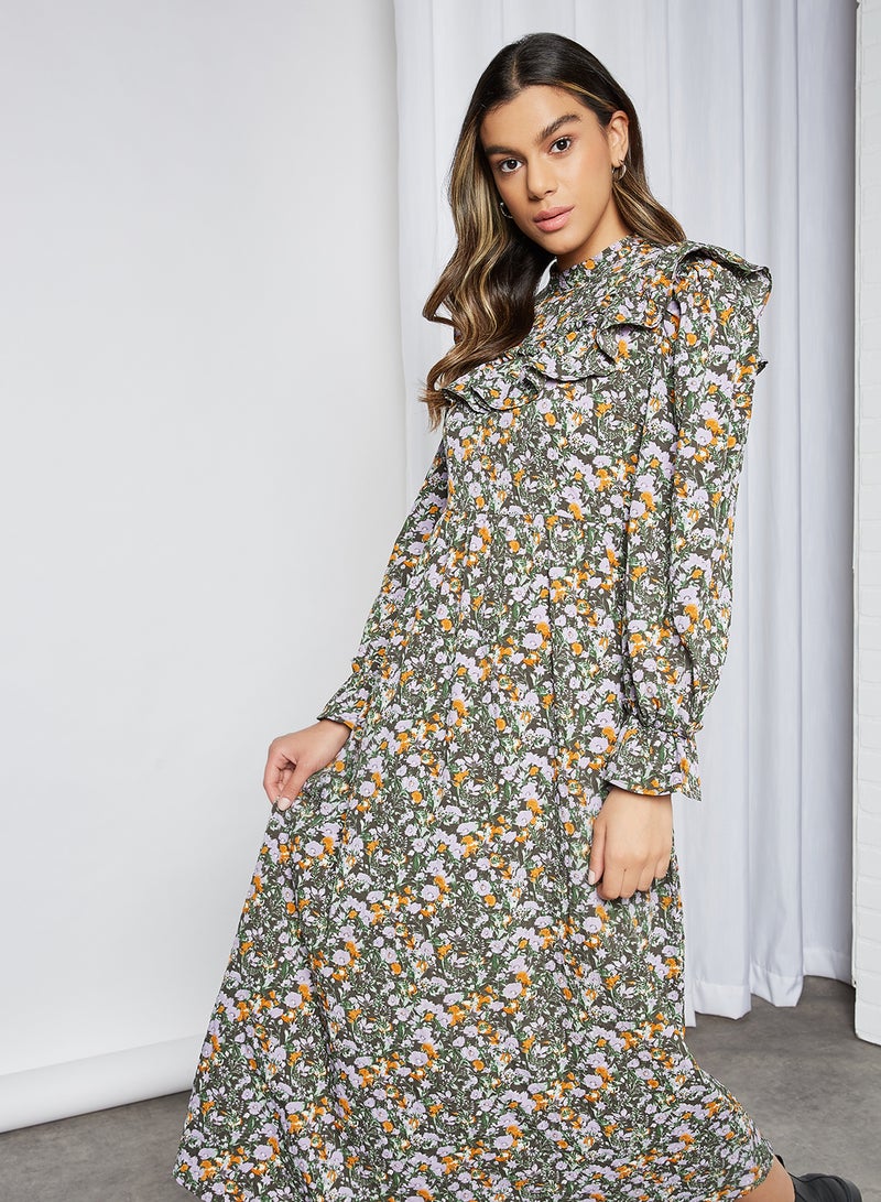 PIECES - Ruffle Detailed Floral Dress Black - Image 1