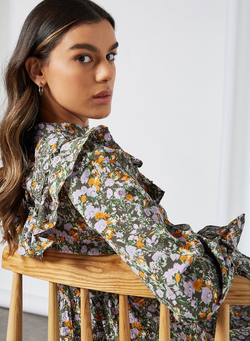 PIECES - Ruffle Detailed Floral Dress Black - Image 1