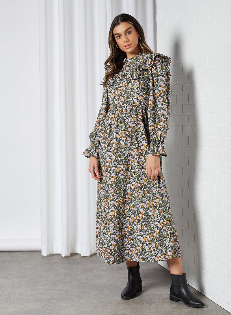 PIECES - Ruffle Detailed Floral Dress Black - Image 1