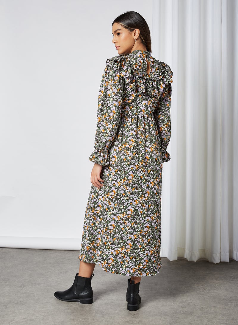 PIECES - Ruffle Detailed Floral Dress Black - Image 1