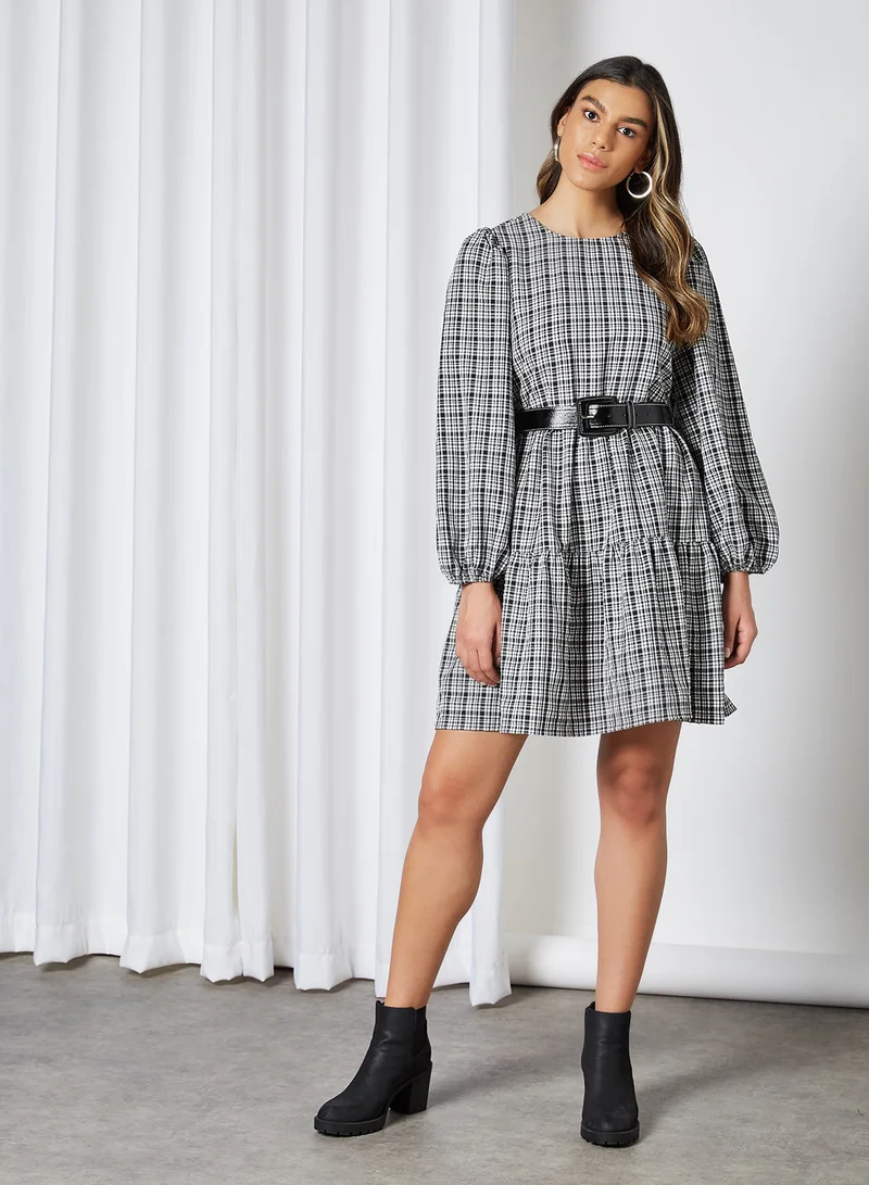 PIECES Tiered Checked Dress Bright White
