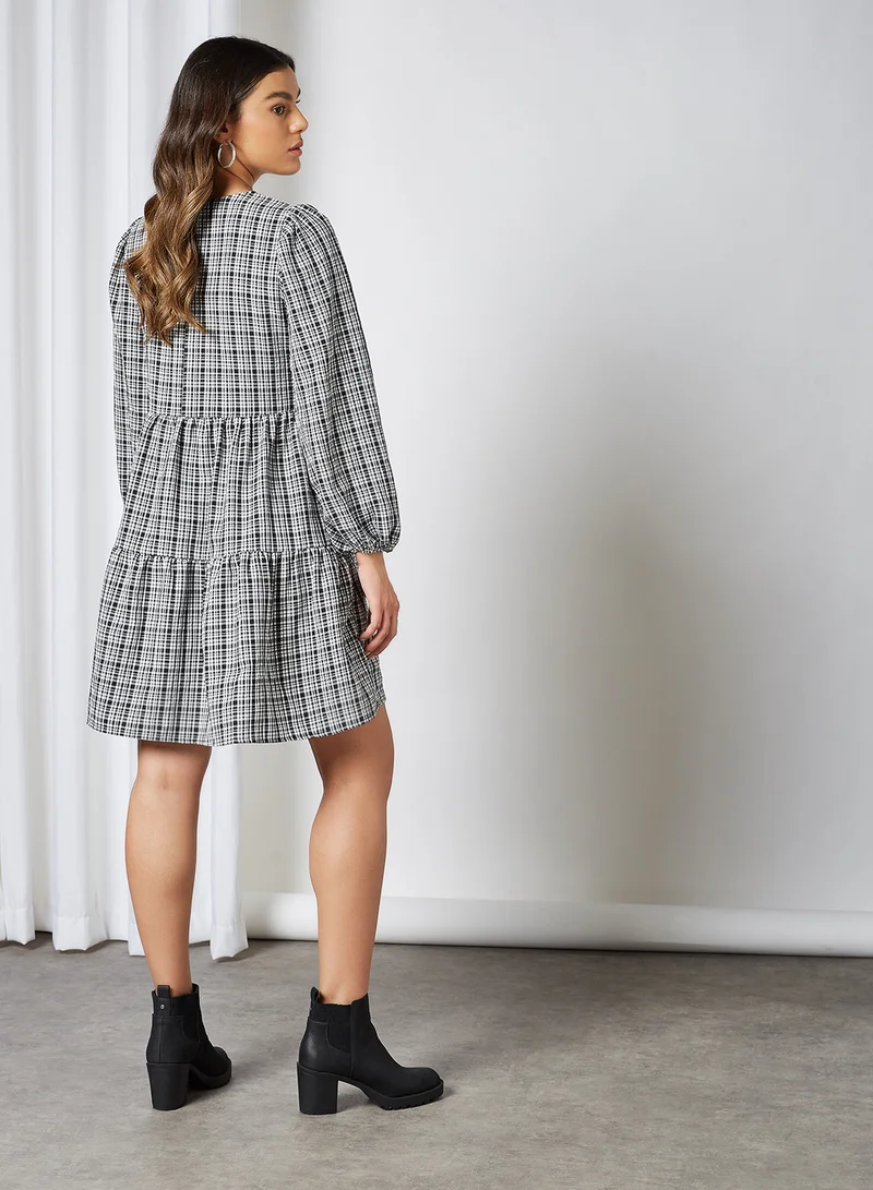 PIECES Tiered Checked Dress Bright White