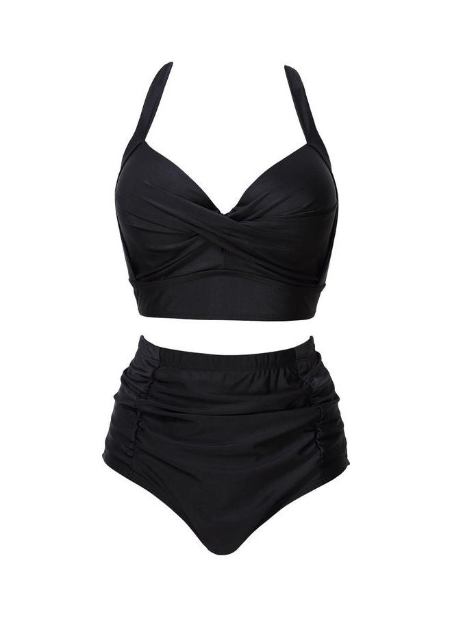 Women Ruched Vintage Plus Size Bikini Set High Waist Swimsuit Black  - Image 1