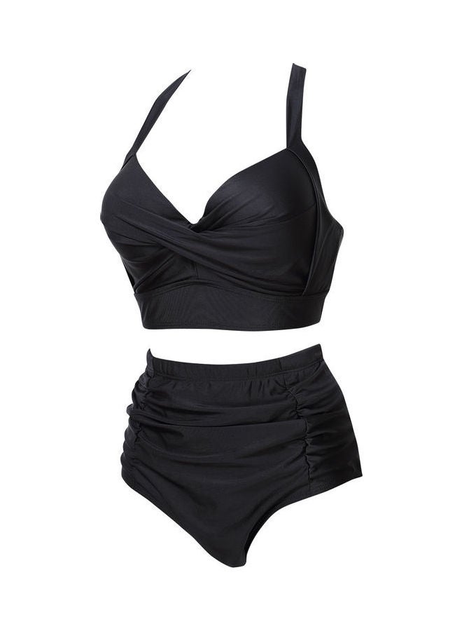 Women Ruched Vintage Plus Size Bikini Set High Waist Swimsuit Black  - Image 2