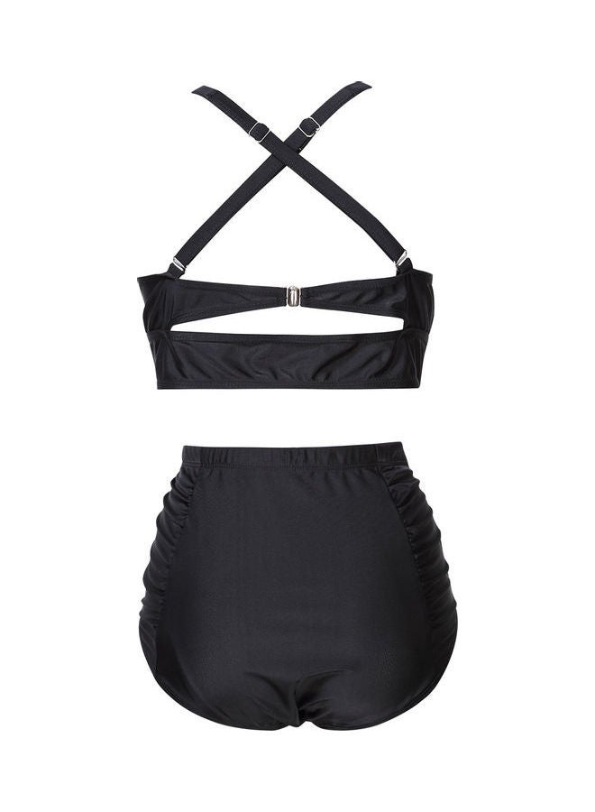 Women Ruched Vintage Plus Size Bikini Set High Waist Swimsuit Black  - Image 3