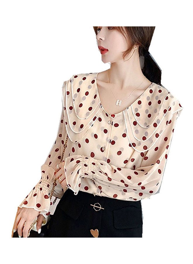 Korean Fashion Loose Shirt Flare Sleeve Dot Doll Collar Chiffon Top Apricot  - Image 1