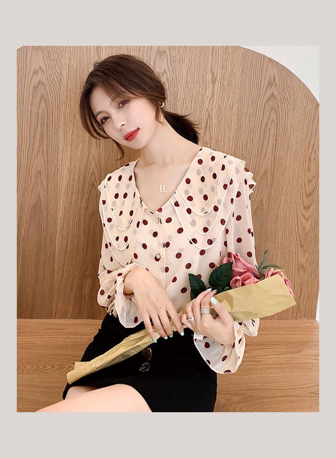 Korean Fashion Loose Shirt Flare Sleeve Dot Doll Collar Chiffon Top Apricot  - Image 3