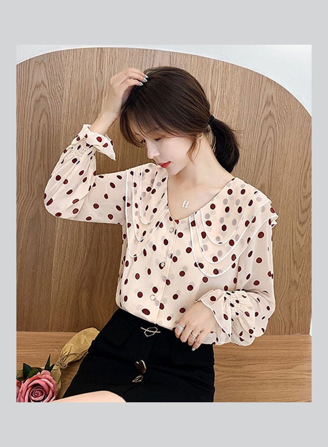 Korean Fashion Loose Shirt Flare Sleeve Dot Doll Collar Chiffon Top Apricot  - Image 4
