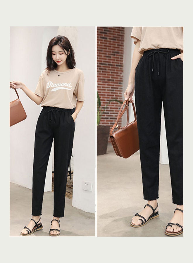 Women Fashion Breathable Linen Casual Loose Haren Pants Black - Image 3