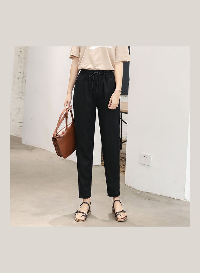Women Fashion Breathable Linen Casual Loose Haren Pants Black - Image 1