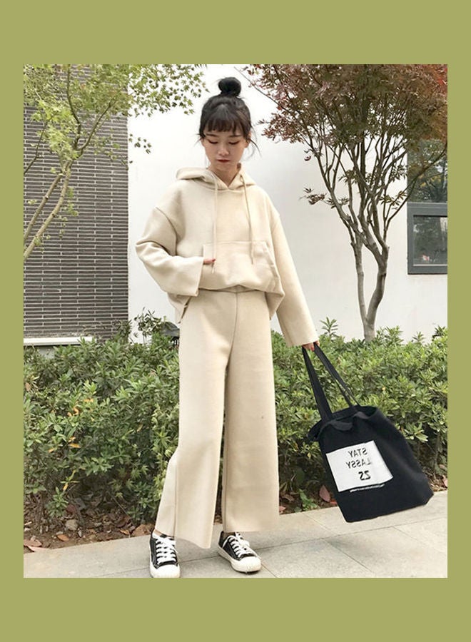 Long Sleeves Hoodie Sweater And Wide Leg Pants Clothing Set Apricot - Image 1