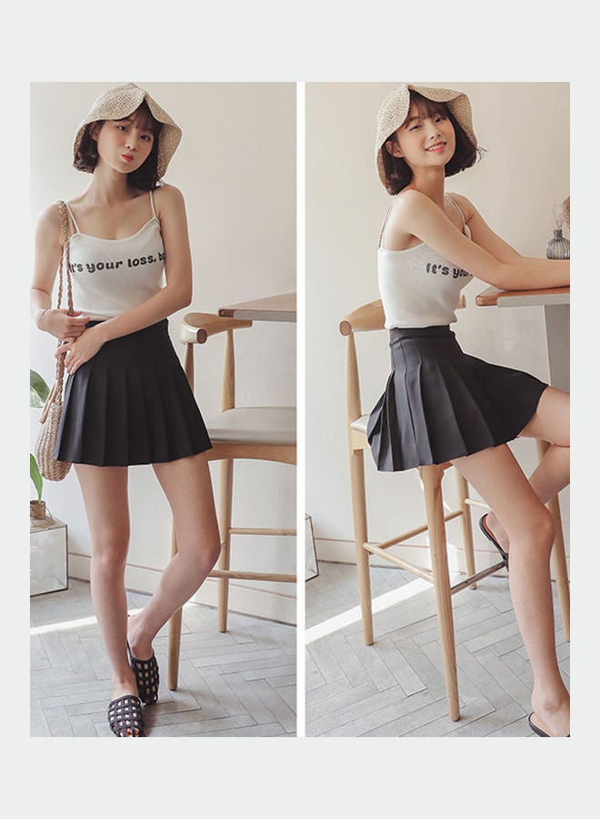 Women Fashion  High Waist A Line Pleated Skirt Black - Image 5