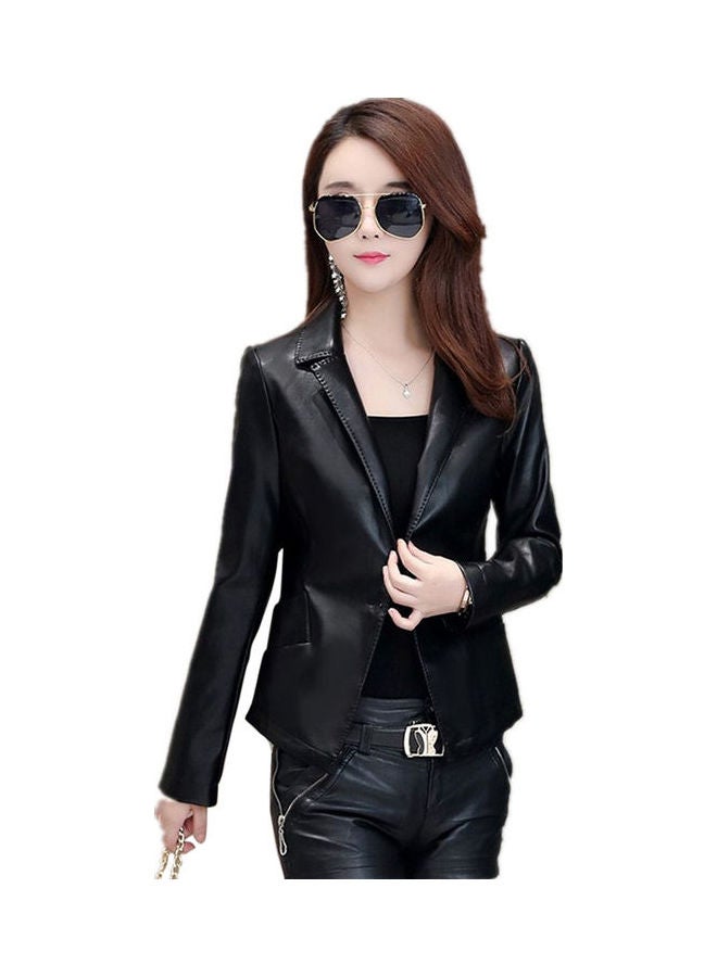 Generic - Women Leather Turn Down Collar Slim Jacket Black - Image 1