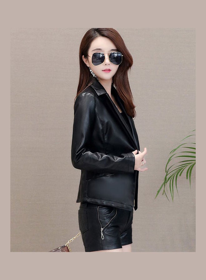 Generic - Women Leather Turn Down Collar Slim Jacket Black - Image 1