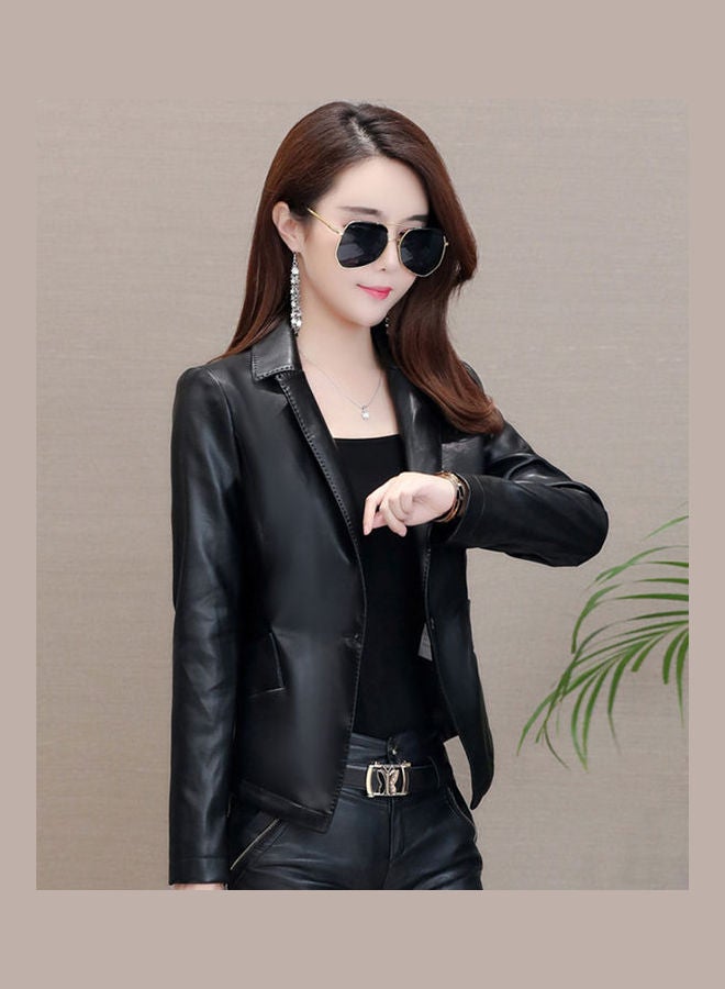 Generic - Women Leather Turn Down Collar Slim Jacket Black - Image 1