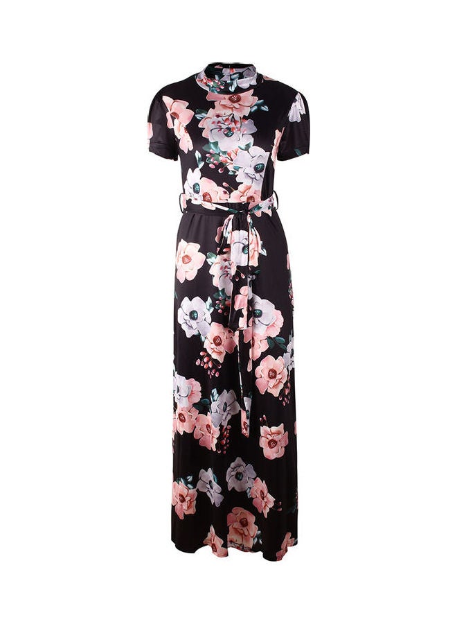 Women Summer Casual Flower Printing Elegant Bandage Long Dress Black  - Image 3