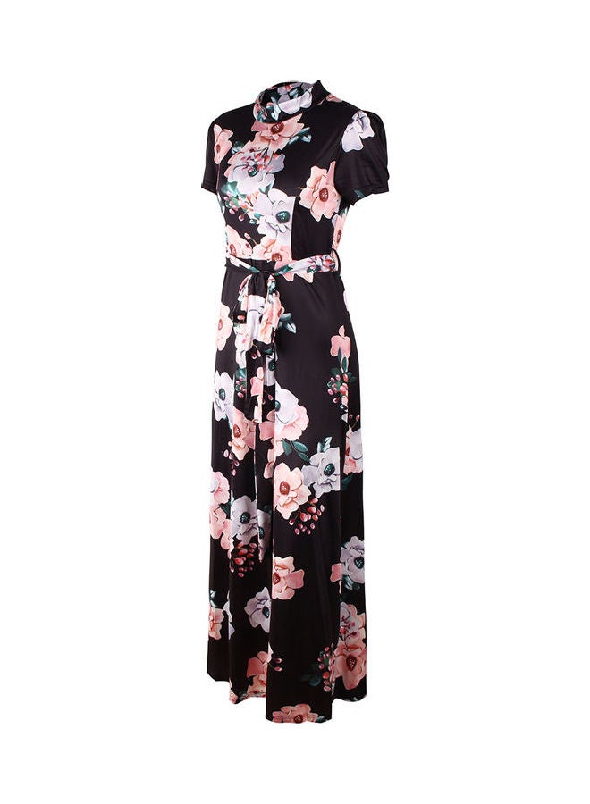 Women Summer Casual Flower Printing Elegant Bandage Long Dress Black  - Image 2