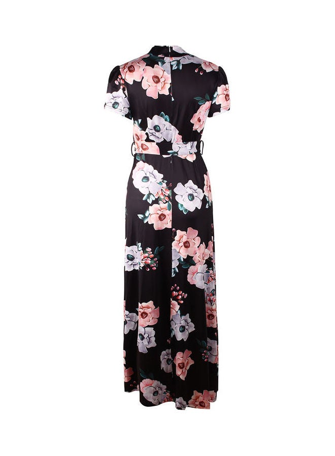 Women Summer Casual Flower Printing Elegant Bandage Long Dress Black  - Image 4
