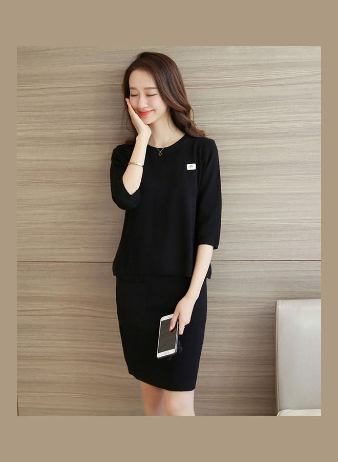 Women Casual Short Sleeve Tops and Drawstring Skirt Black - Image 2