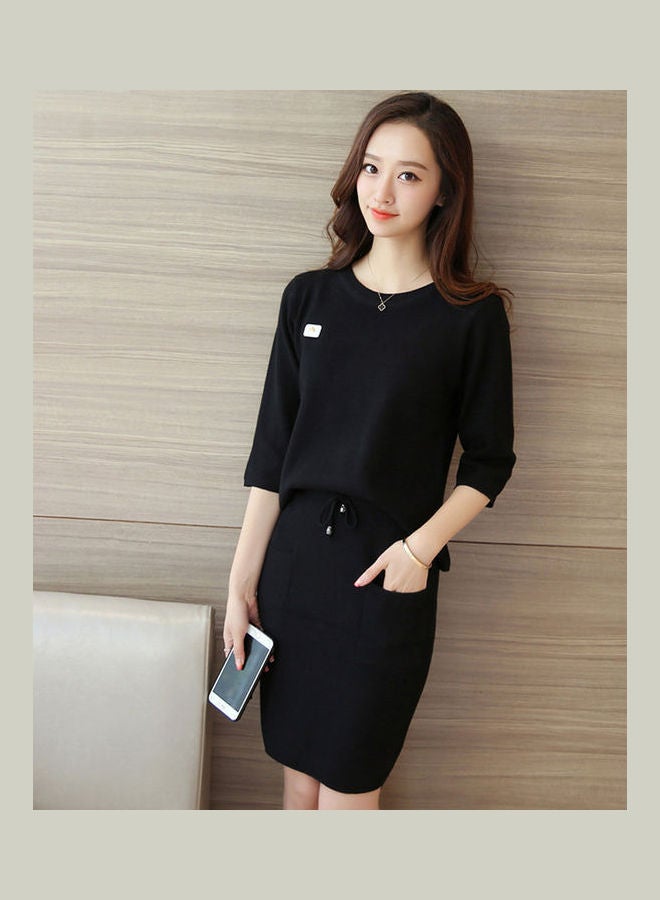 Women Casual Short Sleeve Tops and Drawstring Skirt Black - Image 1