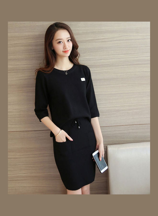 Women Casual Short Sleeve Tops and Drawstring Skirt Black - Image 5