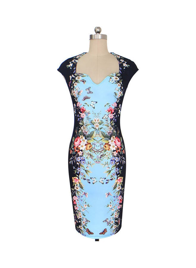 Women's Irregular V Neck Cap Sleeve Vintage Pencil Printed  Dress Blue - Image 1
