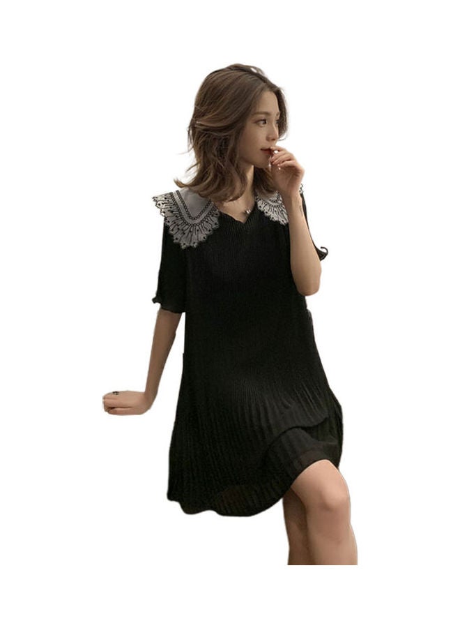 Women's Summer Doll Collar Solid Colour Fold Chiffon Dress Black - Image 1