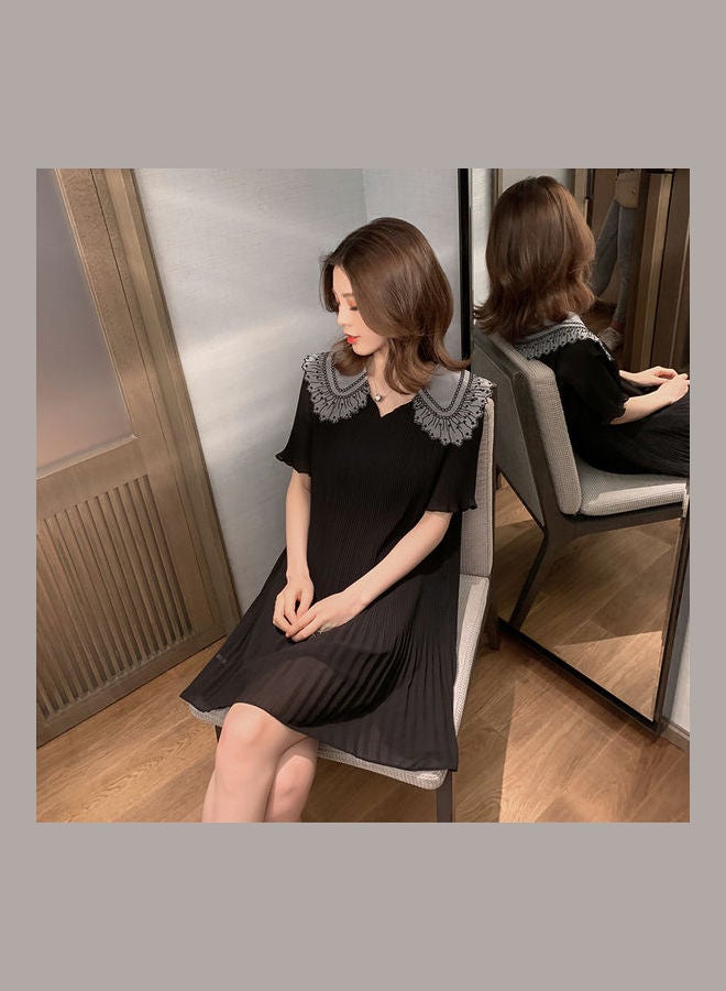 Women's Summer Doll Collar Solid Colour Fold Chiffon Dress Black - Image 3