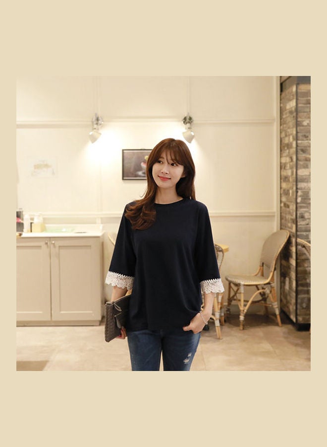 Summer Short Sleeve Round Collar Lace Cuff Pullover T Shirt Black  - Image 3