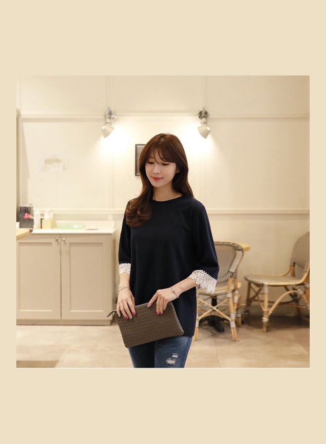 Summer Short Sleeve Round Collar Lace Cuff Pullover T Shirt Black  - Image 1