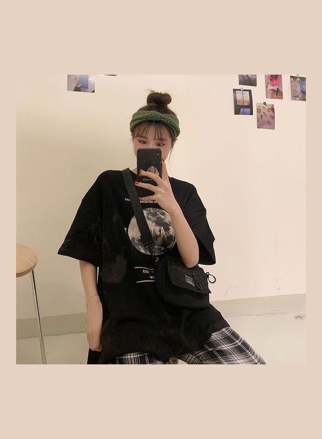 Summer Middle Long Short Sleeve Letter Crew Neck T-Shirt Black  - Image 1