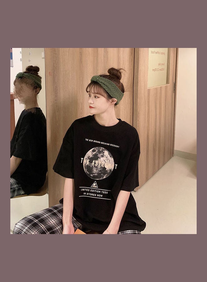 Summer Middle Long Short Sleeve Letter Crew Neck T-Shirt Black  - Image 3