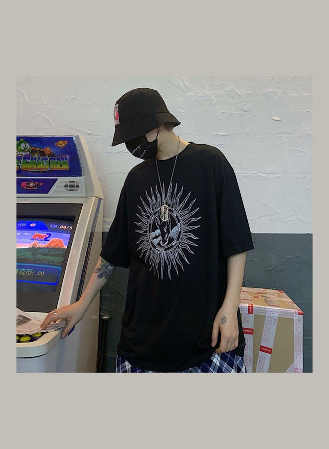 Round Collar Couple Tee Printing Pattern Oversize Style T-shirt Black - Image 1