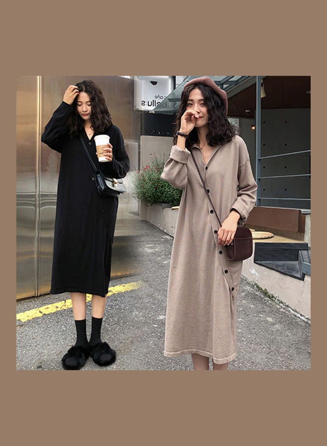 فستان بتصميم أكمام طويلة مزين بزنبرك وأزرار مائلة كاكي - Image 5