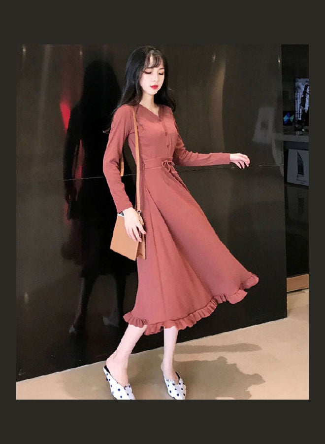 Long Sleeves Dress With Ruffled Hem Brick Red - Image 1