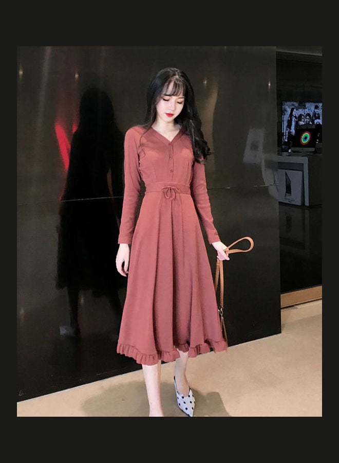Long Sleeves Dress With Ruffled Hem Brick Red - Image 2