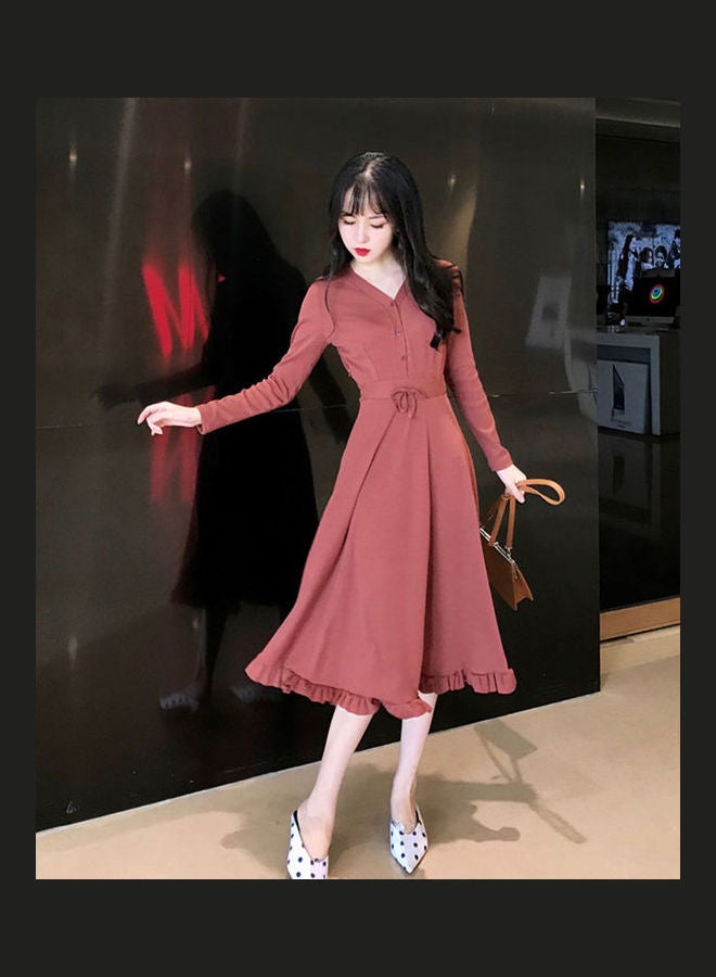 Long Sleeves Dress With Ruffled Hem Brick Red - Image 3